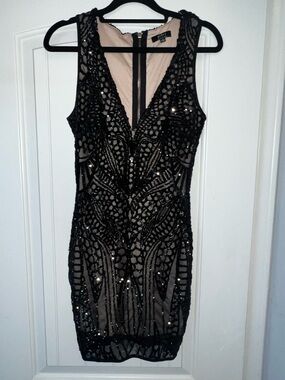 Privy Black Sequin Mesh Bodycon Dress ~Size S